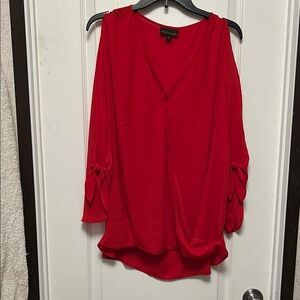 BOLD elements Red Asymmetrical 3/4 Sleeve Faux Wrap Blouse with Peekaboo Sleeves